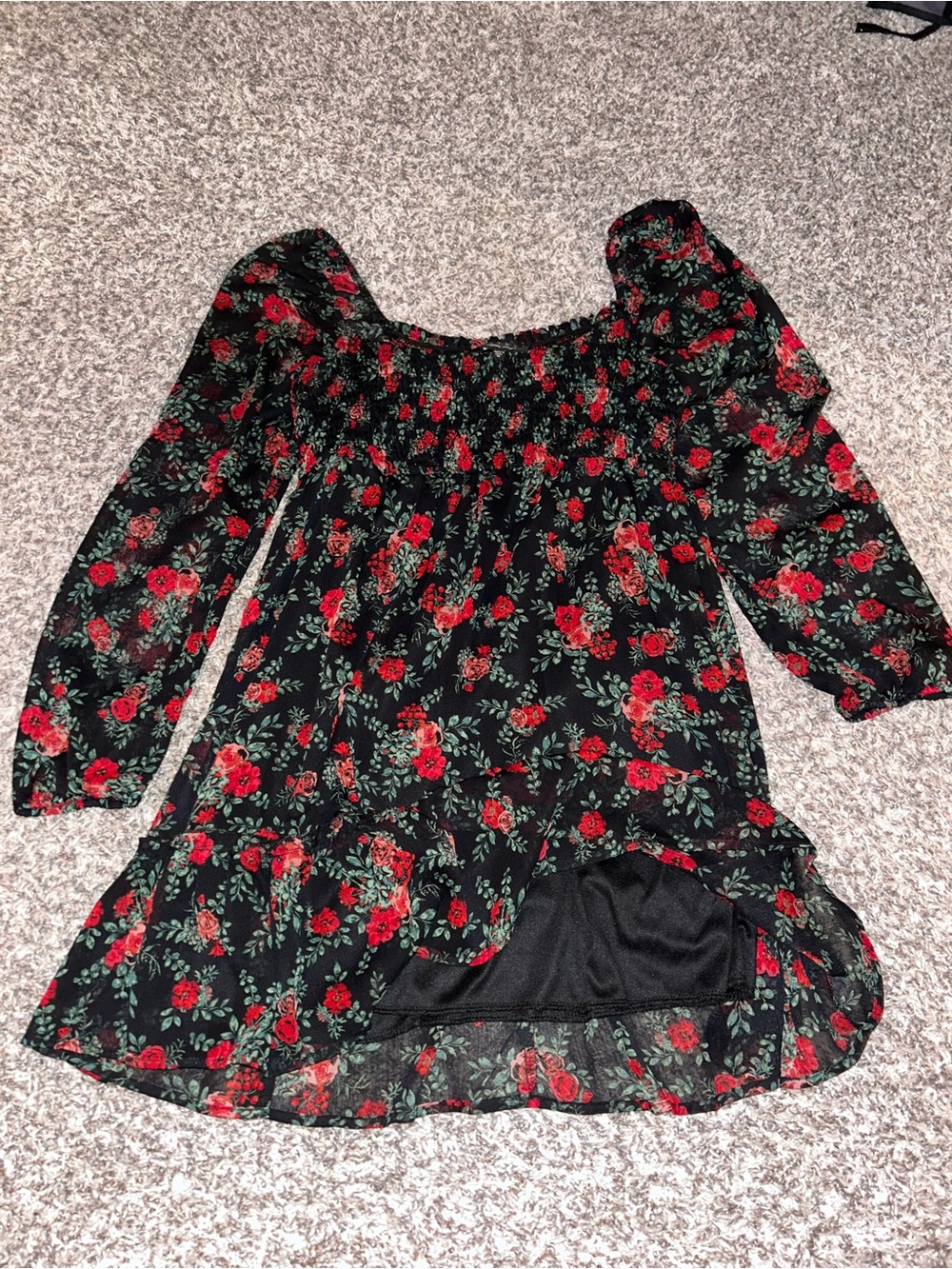 Women’s Black Floral Off-Shoulder Dress with Red Roses